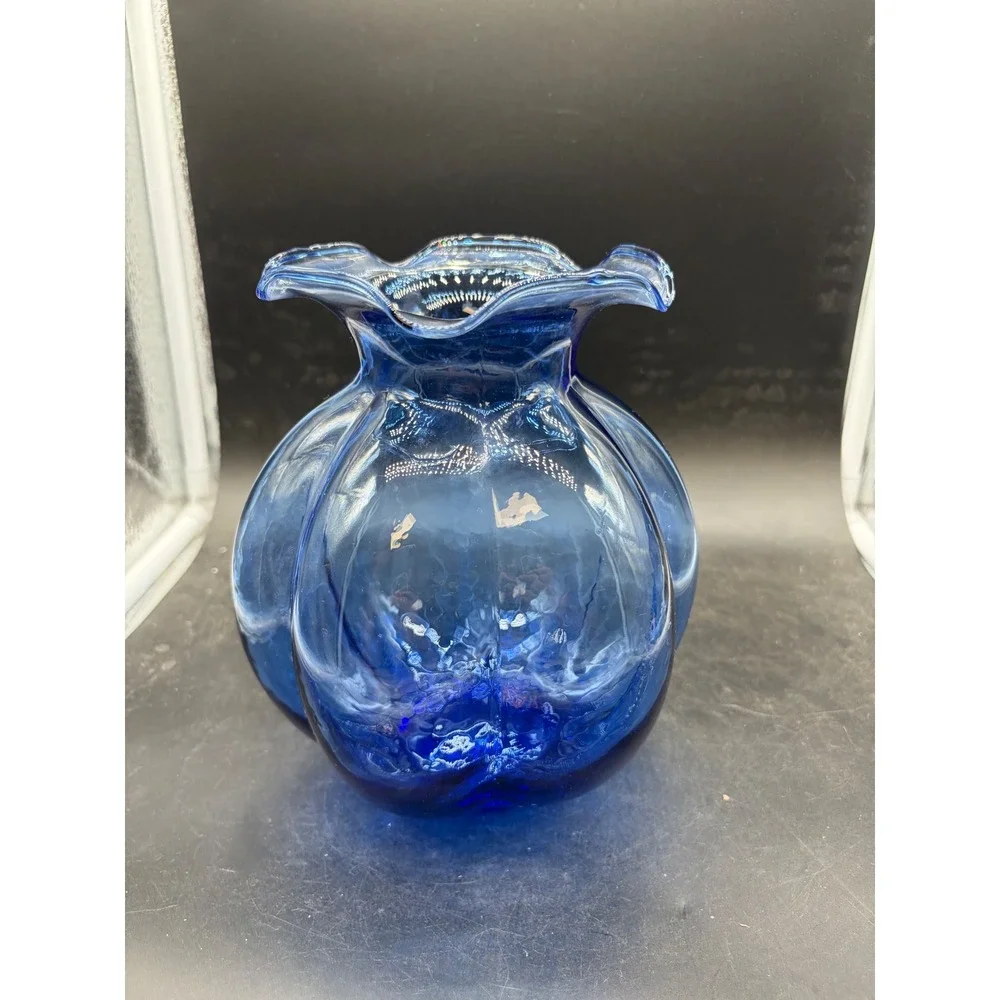 Cobalt Blue Hand Blown Glass Vase Lobed Pumpkin Shape Ruffled Rim 6 Inch